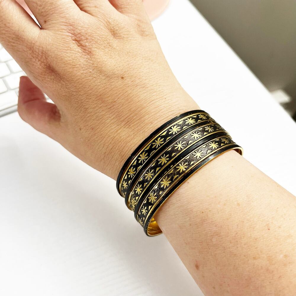 Vintage Etched Black & Gold Bracelet Stack of 7